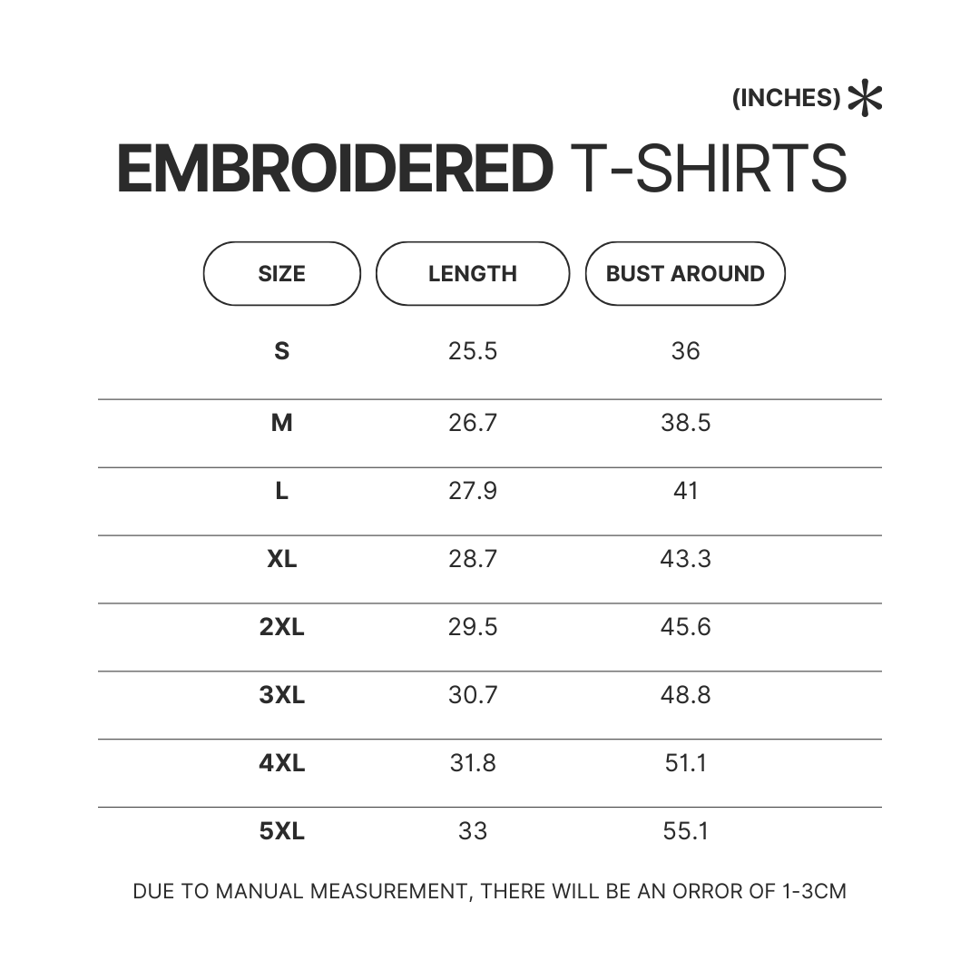 Embroidered T shirt Size Chart 1 - Avatar: The Last Airbender Store